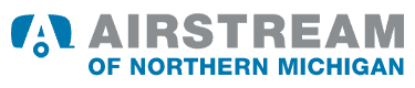 Grey and blue Airstream of northern michigan logo with blue airstream camper