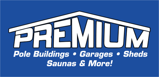 Blue and White Premium pole buildings, garages, sheds, saunas, and more!